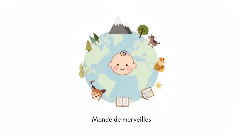 Un bébé souriant au centre d'un globe terrestre, entouré d'animaux, de nature et d'objets évoquant l'enfance et la découverte.