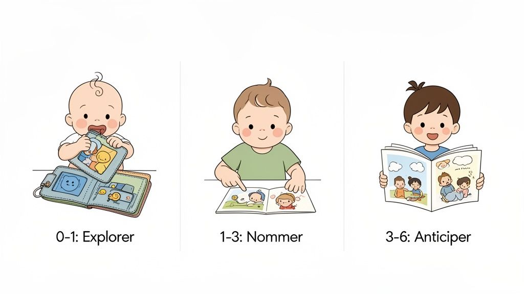 Trois enfants d'âges différents interagissant avec des livres, illustrant l'éveil à la lecture et les étapes de développement.