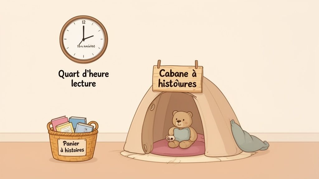 Une horloge indique le quart d'heure lecture, avec un panier de livres et une cabane à histoires abritant un ours en peluche.