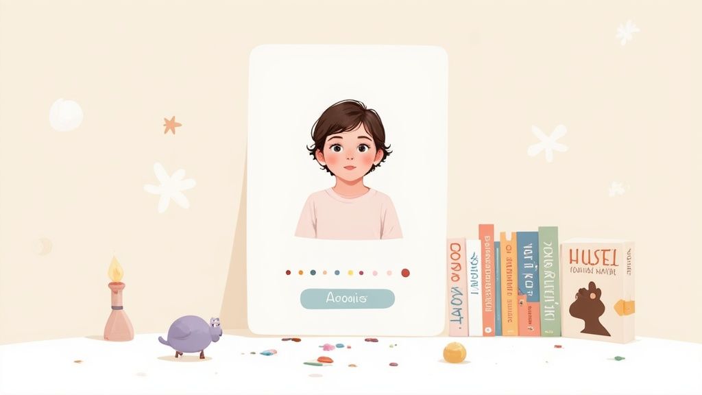Illustration colorée d'un enfant souriant sur une carte, entouré de jouets et de livres personnalisés.