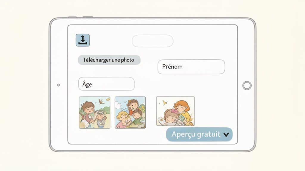 Formulaire sur tablette pour personnaliser un cadeau, avec champs pour photo, prénom, âge et options d'illustration d'enfants.