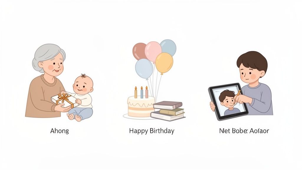 Trois illustrations colorées : une grand-mère et un bébé, un gâteau d'anniversaire festif, et un jeune garçon dessinant.