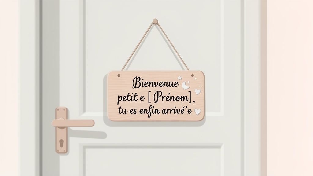 Panneau de bienvenue en bois pour bébé sur porte, avec texte 