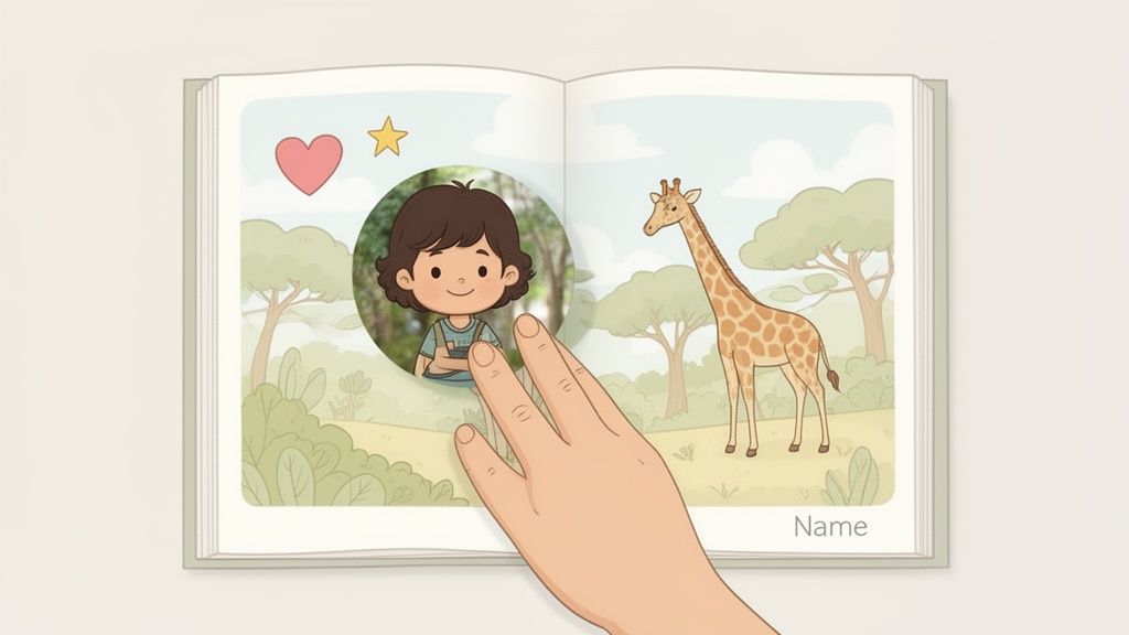 Un livre de contes ouvert montrant une scène de safari avec une girafe et un enfant souriant, une main pointant la photo.