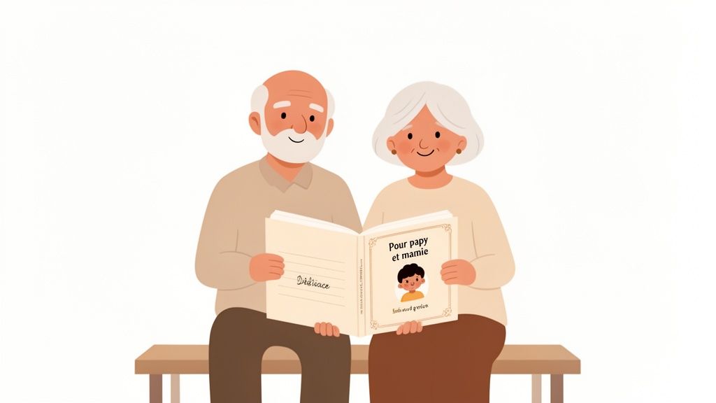 Un couple de personnes âgées, un grand-père et une grand-mère, lisent ensemble un livre intitulé 'Pour papy et mamie', avec une dédicace.