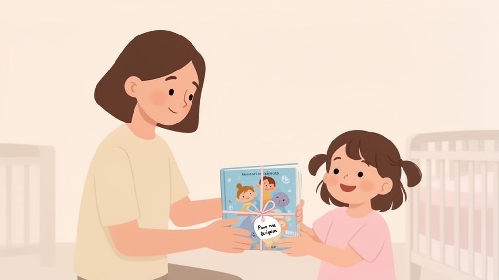 Une femme offre un livre cadeau joliment emballé à une petite fille souriante dans une pièce lumineuse.