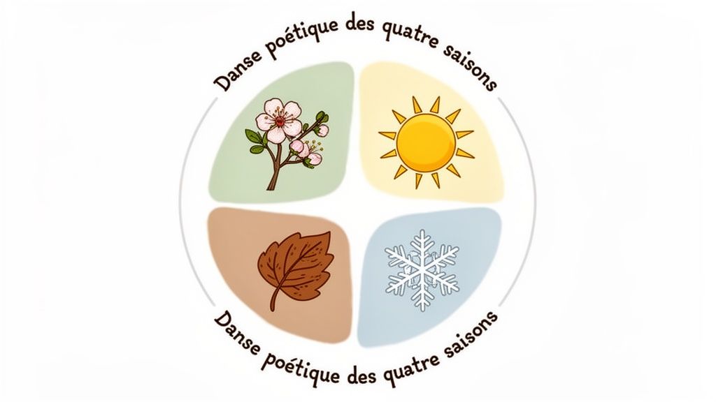 Illustration des quatre saisons avec des icônes symboliques (fleurs, soleil, feuille, flocon de neige) et le texte "Danse poétique des quatre saisons".