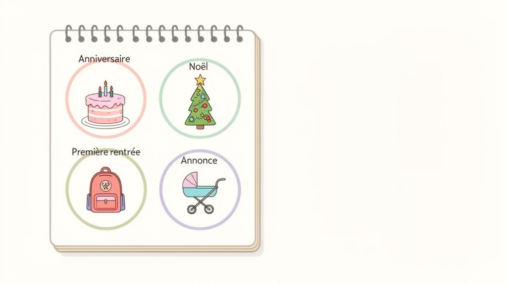 Carnet illustré avec des icônes pour des événements clés : anniversaire, Noël, rentrée scolaire, annonce de bébé.