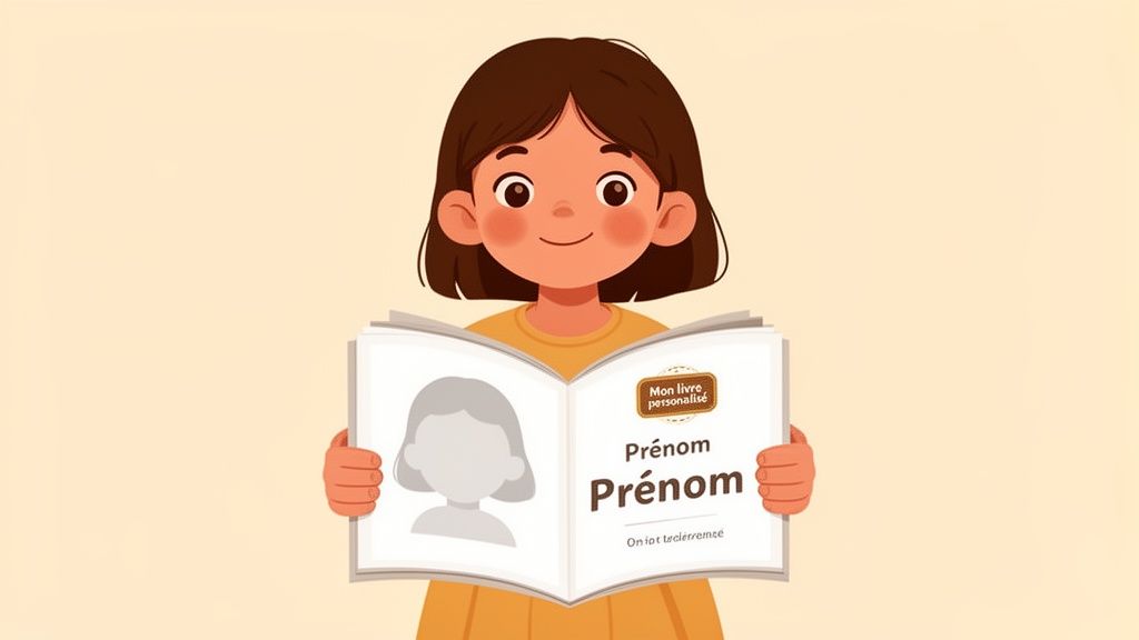 Une fille souriante tient un livre personnalisé affichant un emplacement pour photo et le texte 'Prénom'.