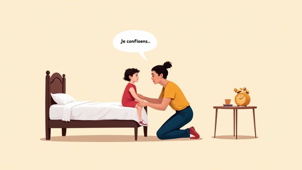 Une mère s'agenouille pour parler à son enfant assis sur un lit, qui dit « Je confioens.. ».