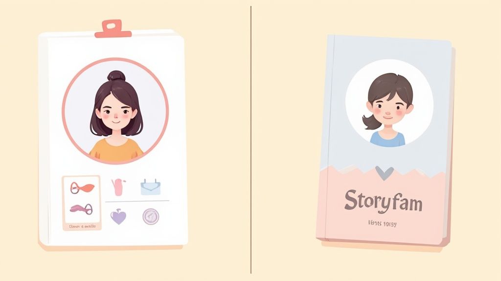 Deux illustrations de style dessin animé montrant une carte de profil numérique et un livre personnalisé Storyfam.