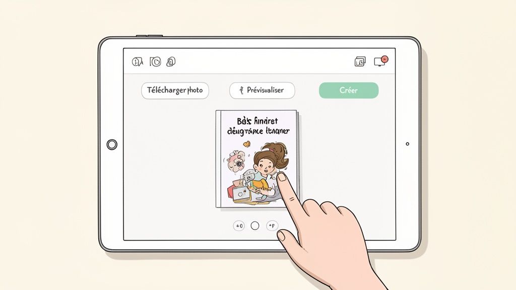 Une main touche l'écran d'une tablette, affichant une application de création de livre personnalisé pour enfants.
