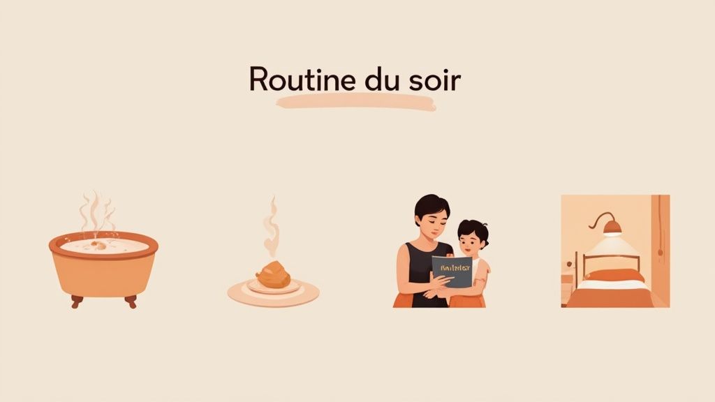 Illustrations d'une routine du soir incluant bain, relaxation, lecture avec l'enfant et coucher.