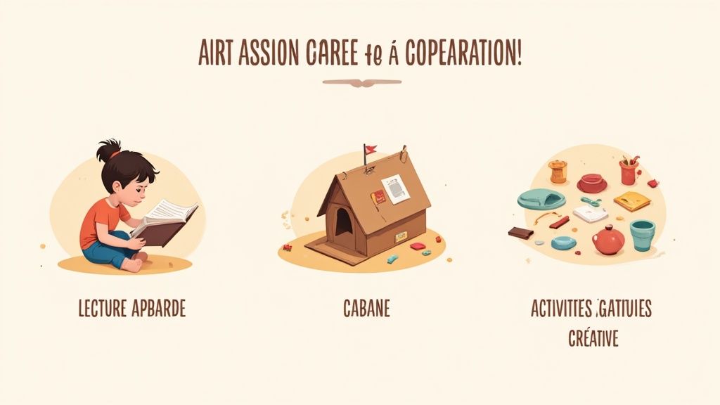 Illustration d'activités pour enfants : une jeune fille lit, une cabane en carton et des objets créatifs.