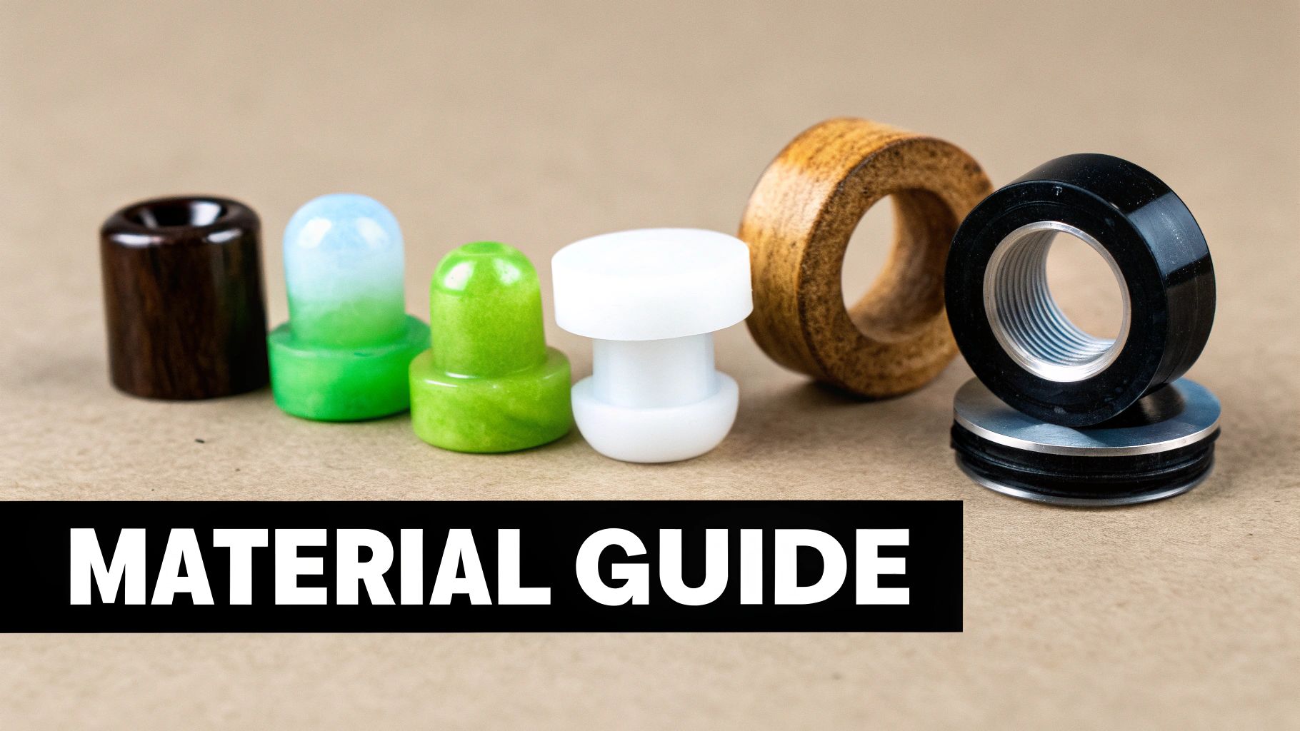A variety of ear gauges made from different materials like wood, plastic, and metal on a brown surface with 'MATERIAL GUIDE' text.