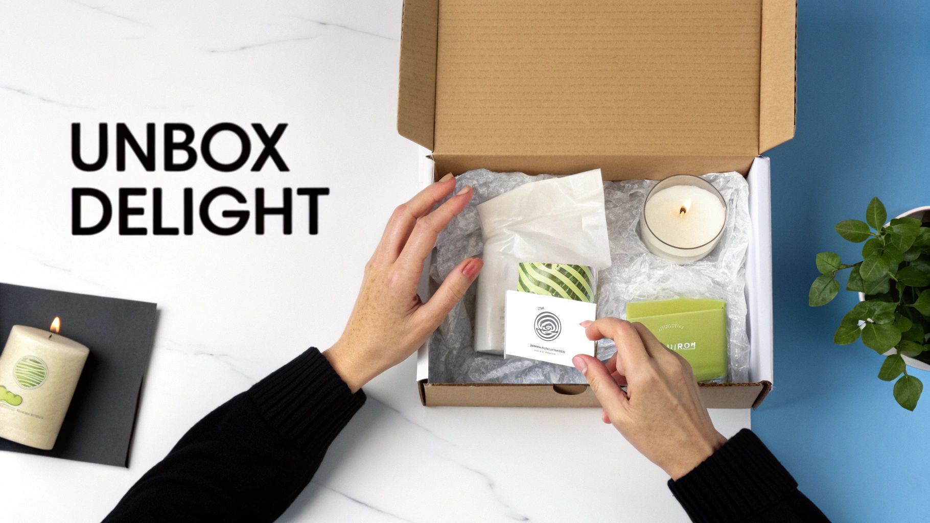 Hands unboxing a delight package revealing candles, a green box, and a white card on a tabletop.