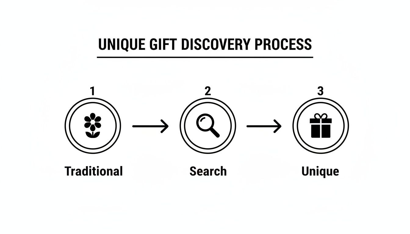 Infographic illustrating a unique gift discovery process from traditional to unique, via search.