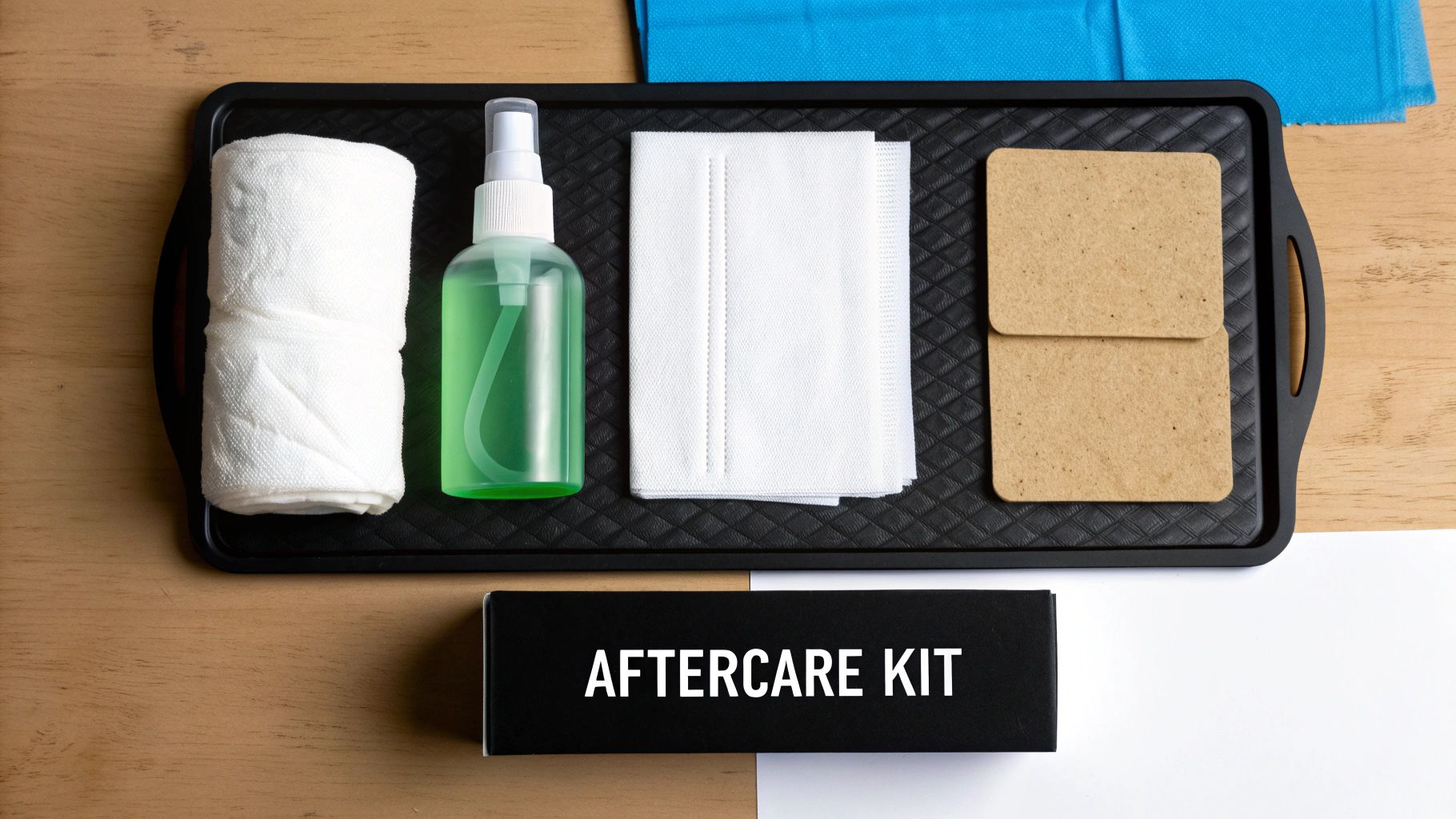 An aftercare kit with a rolled white towel, green spray bottle, sterile pads, and brown squares on a black tray.