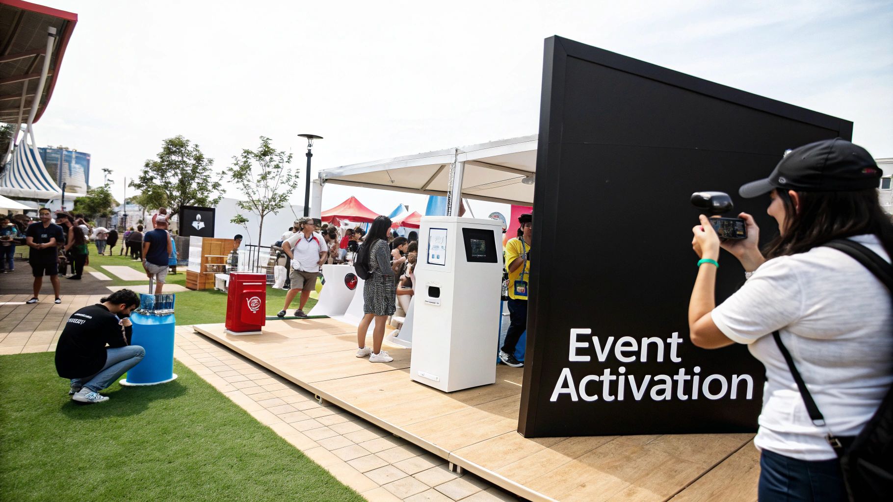 A bustling outdoor event features an 'Event Activation' sign, interactive kiosks, and people engaging.