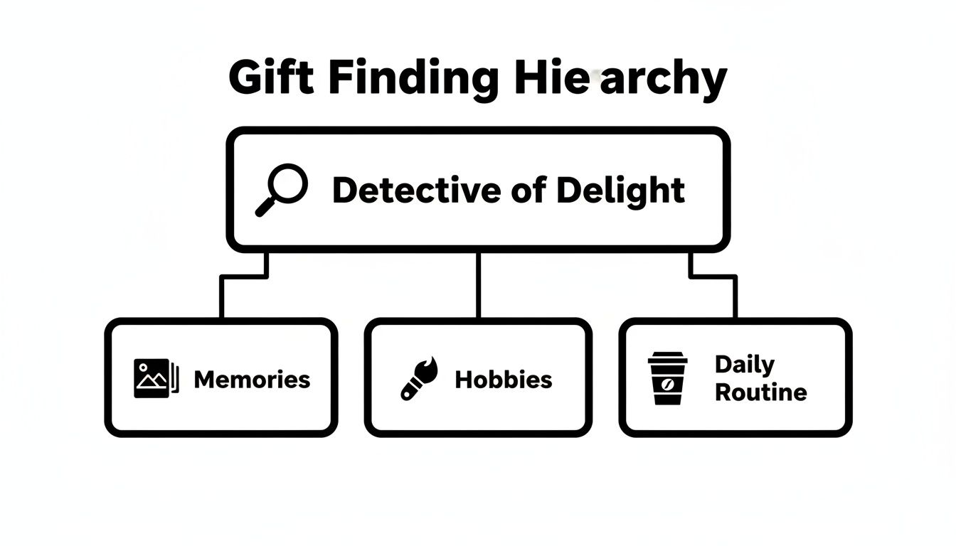 A gift-finding hierarchy diagram showing 'Detective of Delight' leading to 'Memories', 'Hobbies', and 'Daily Routine'.