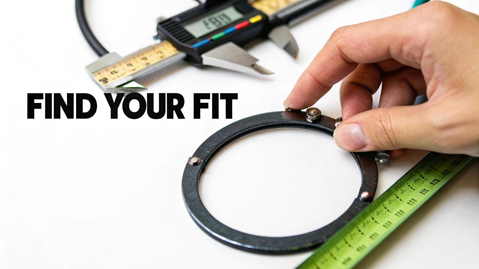 Hand measuring leather bracelet with digital caliper and ruler to find proper fit size