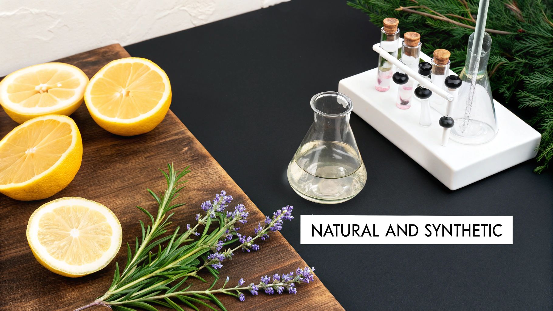 Lemons, lavender, and scientific flasks on a black and wooden background, illustrating natural and synthetic ingredients.
