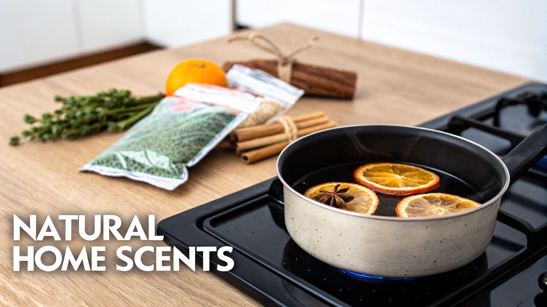 A simmering pot on a stove filled with citrus slices, cinnamon sticks, and star anise, releasing fragrant steam into a cozy kitchen.