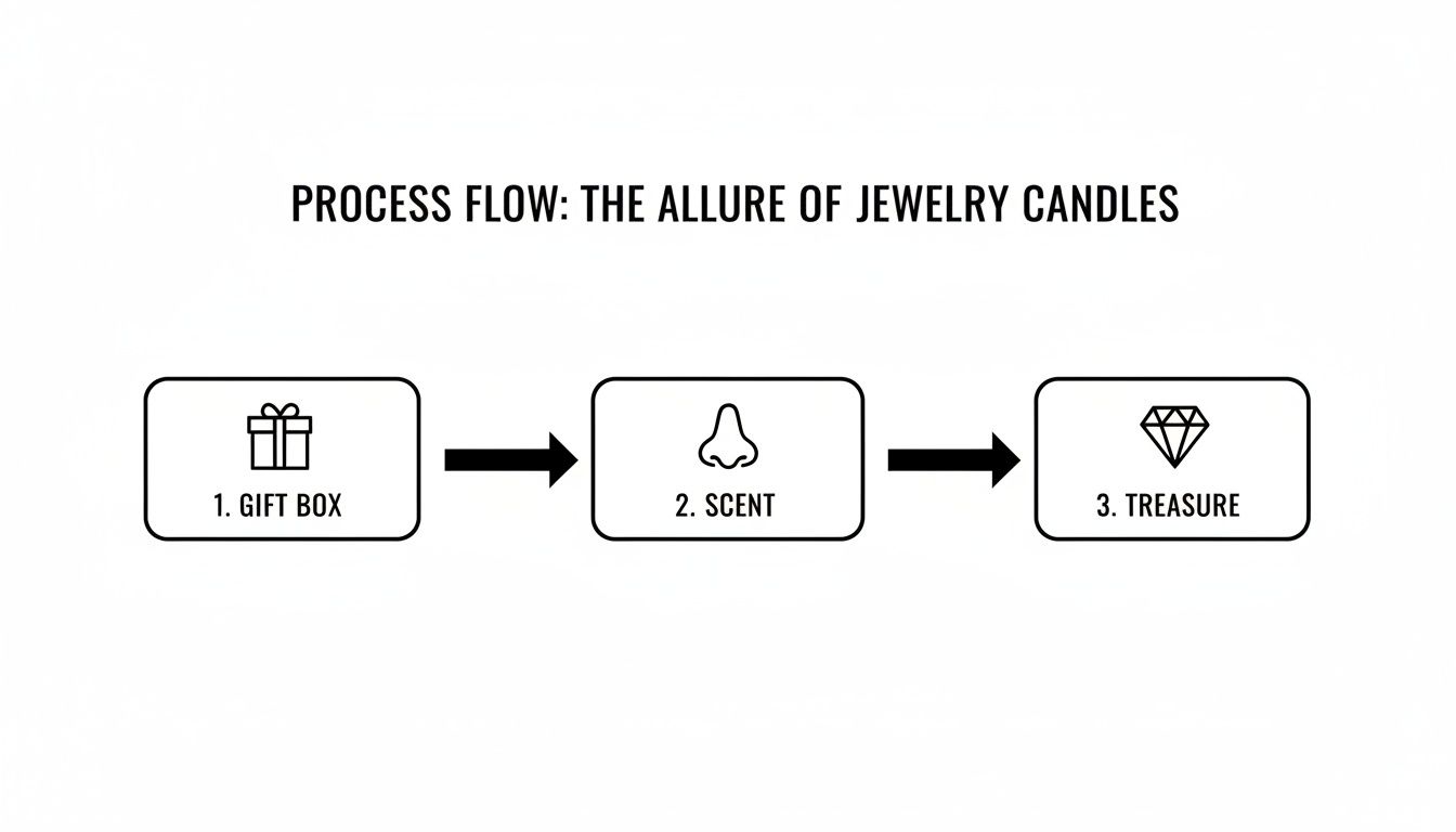 A process flow diagram illustrating the steps for jewelry candles: gift box, scent, and treasure.