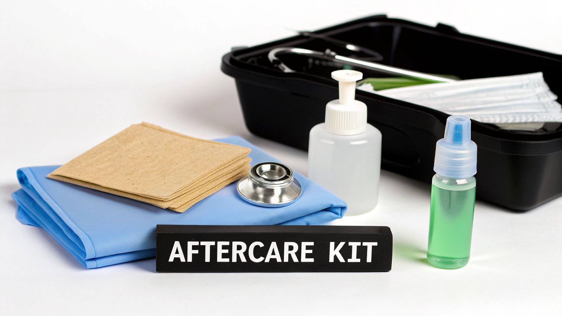 Medical aftercare kit with stethoscope, gauze, bottles, and supplies for piercing wound care