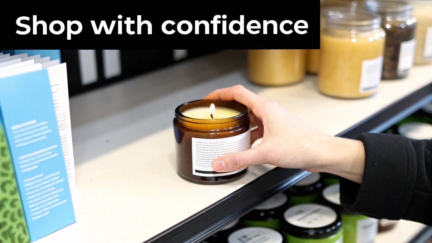 A person's hand holds a lit brown jar candle on a store shelf, with other products.