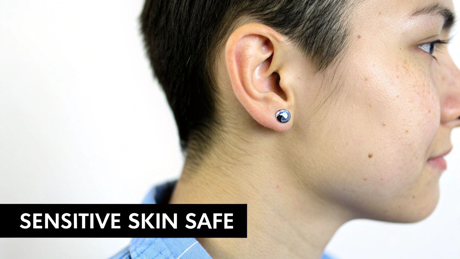 Close-up of a person's ear with a silver helix piercing, showing clear and healthy skin.