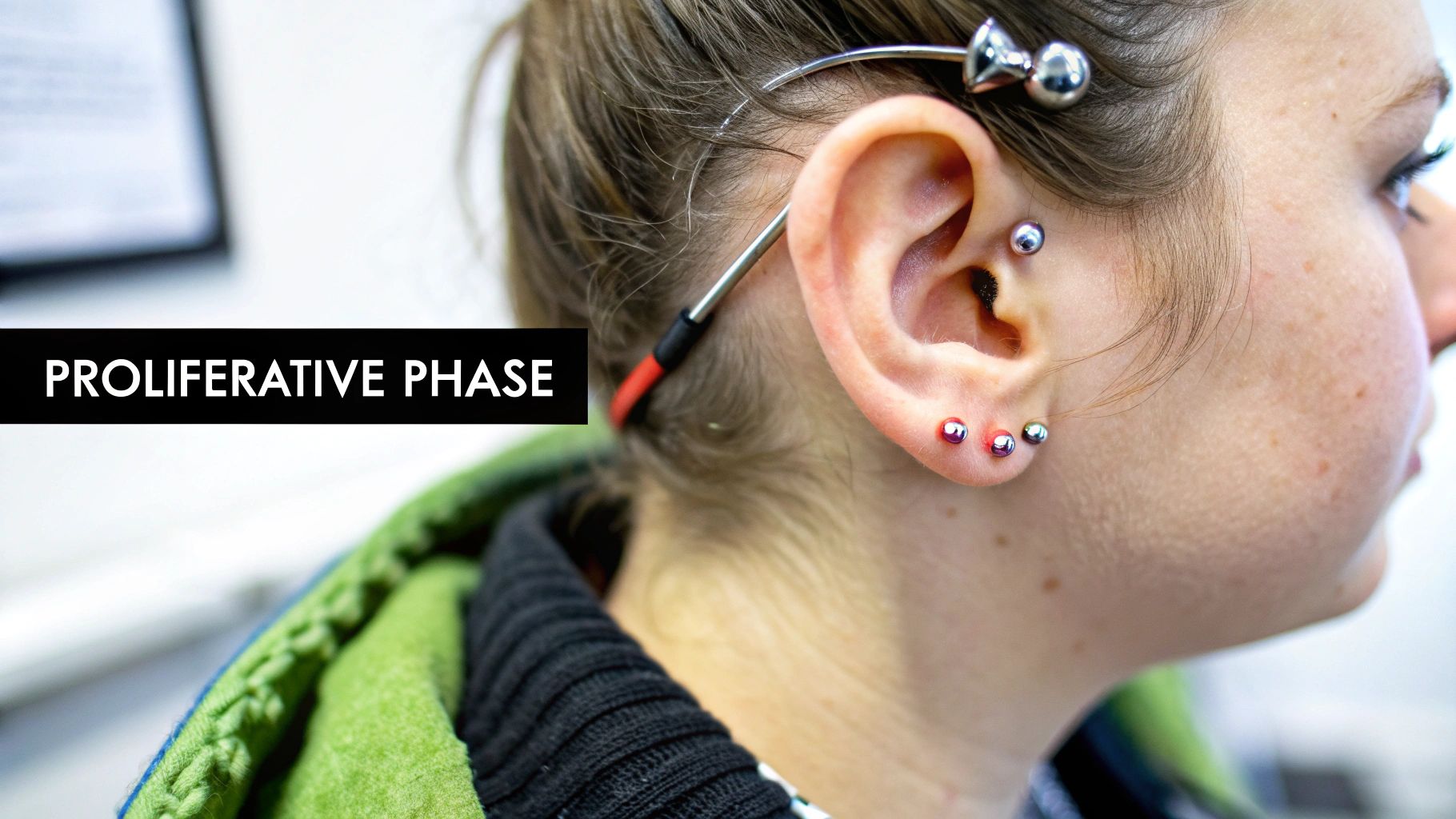 Professional piercer marking industrial piercing placement during proliferative healing phase with multiple ear piercings visible