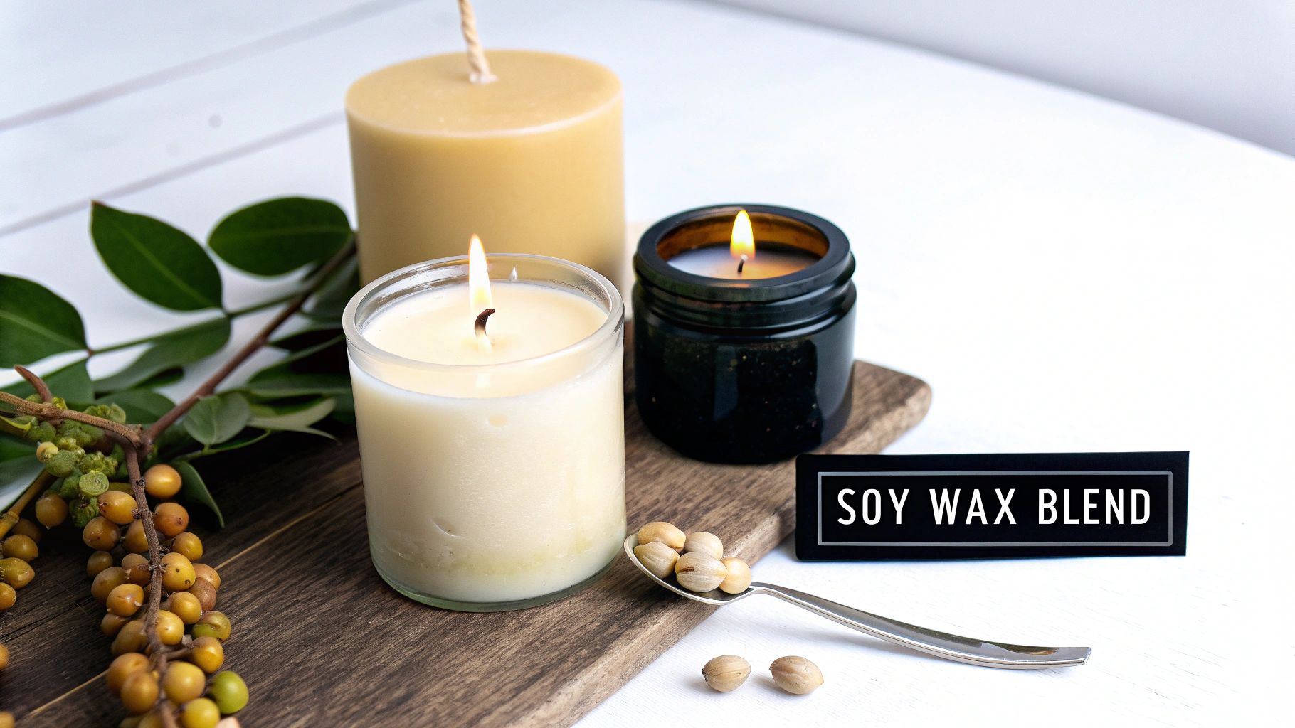 Three soy wax candles, two lit, displayed with berries, seeds, and a 'SOY WAX BLEND' sign.
