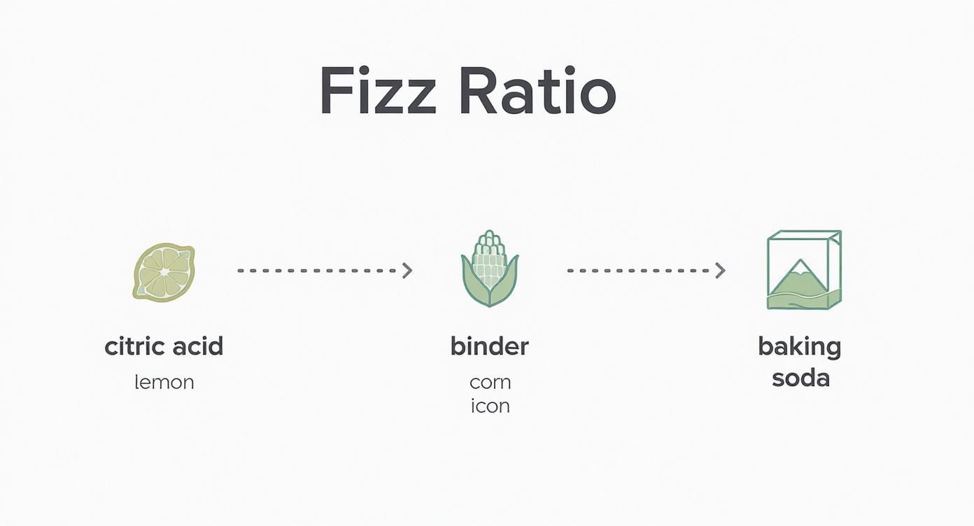 A diagram titled 'Fizz Ratio' showing citric acid (lemon), binder (corn), and baking soda ingredients in sequence.