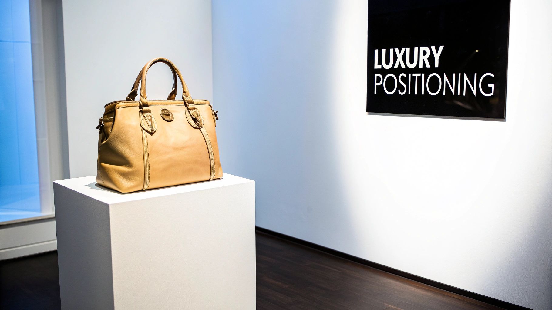 A tan leather handbag displayed on a white pedestal in a gallery setting, next to a black sign reading 'LUXURY POSITIONING'.