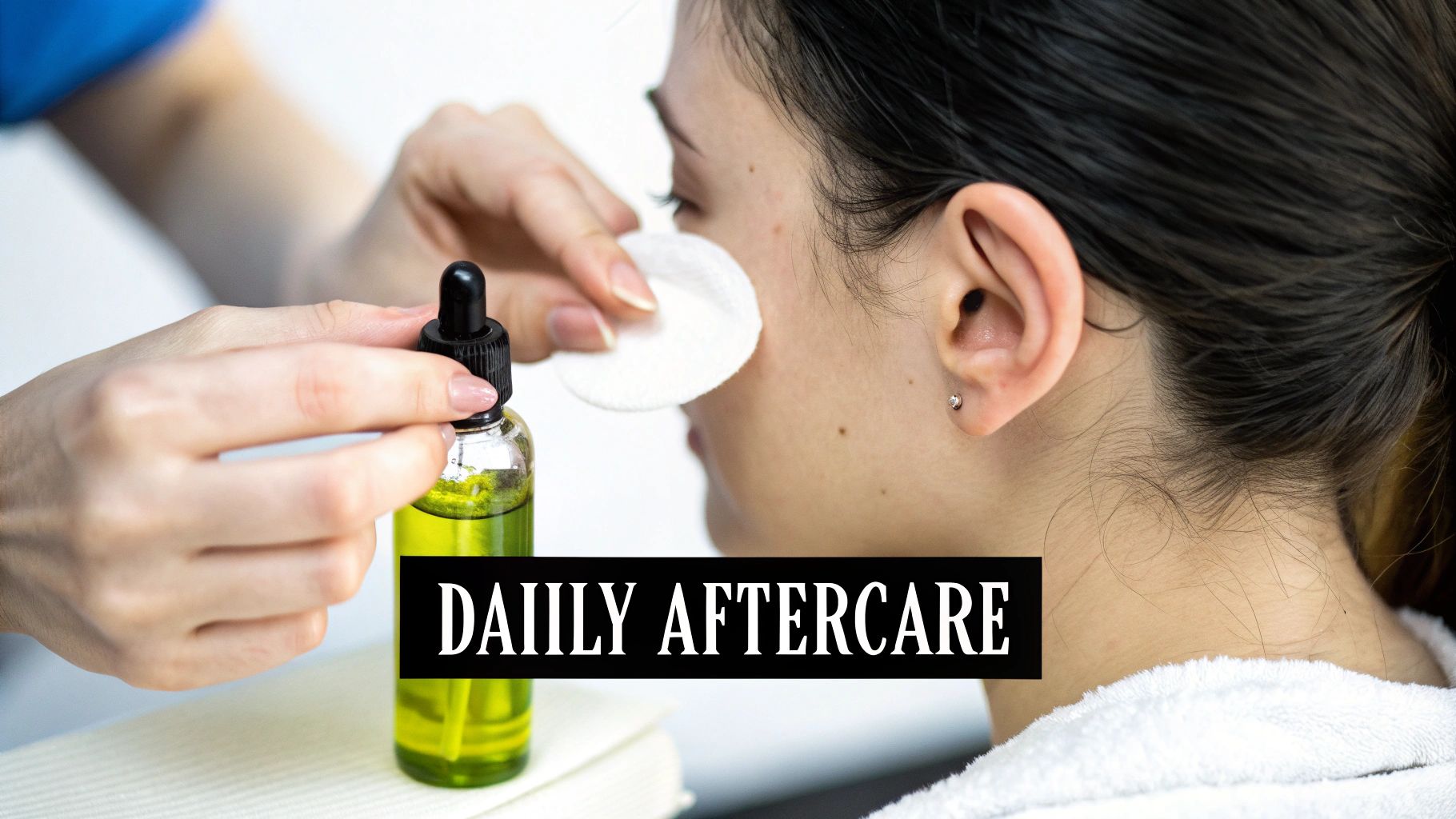 A person gently massaging their stretched earlobe with oil.