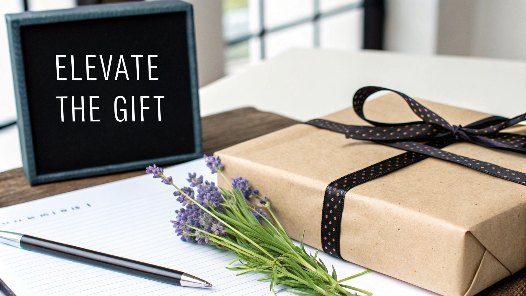 A thoughtfully wrapped gift with lavender flowers next to a sign saying 'Elevate The Gift'.