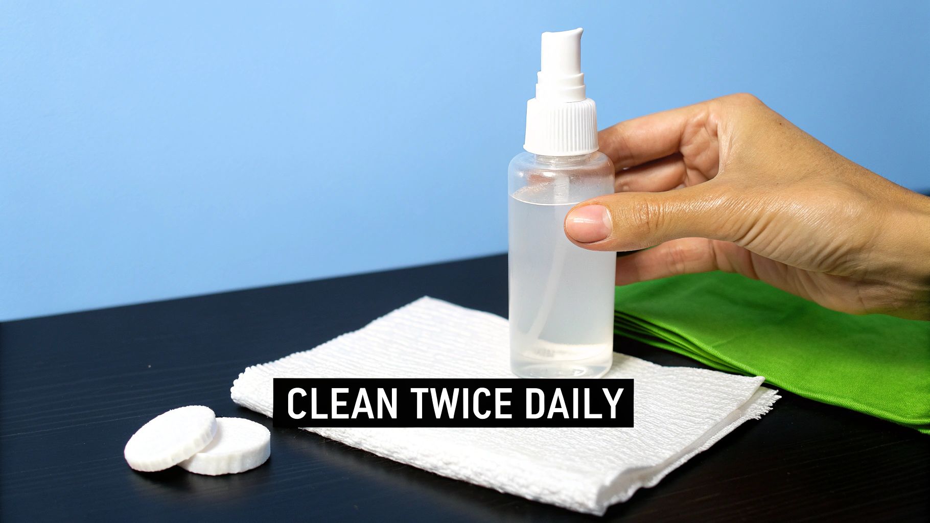 A hand holds a spray bottle with aftercare solution, next to a paper towel and cotton pads.