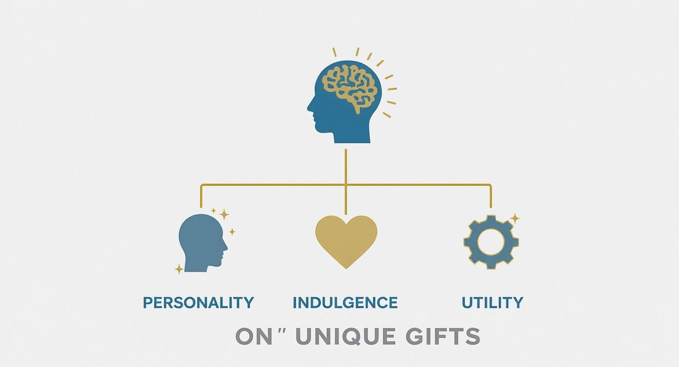 Diagram illustrating factors for unique gifts: brain connects to personality, indulgence, and utility.
