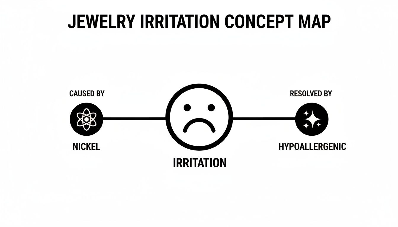 Concept map illustrating jewelry irritation caused by nickel and resolved by hypoallergenic materials.