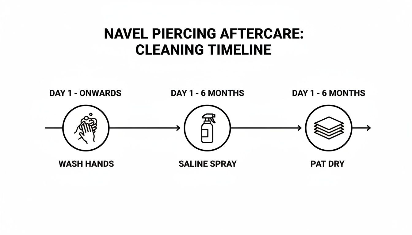 A timeline graphic showing navel piercing aftercare steps: wash hands, saline spray, and pat dry.