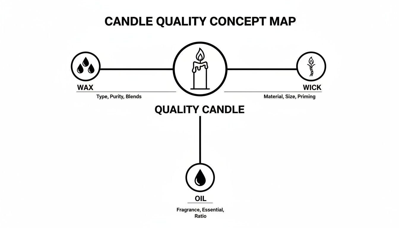 A concept map illustrating the key components determining candle quality: wax, wick, and oil.