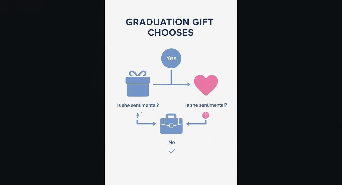A flowchart titled 'Graduation Gift Chooses' showing paths for sentimental and non-sentimental gift options.