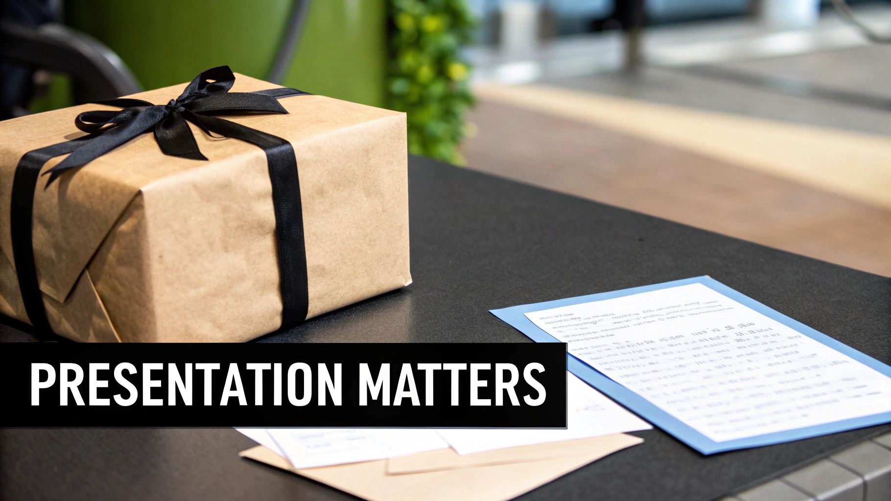 A beautifully wrapped gift tied with a ribbon, being presented with care.