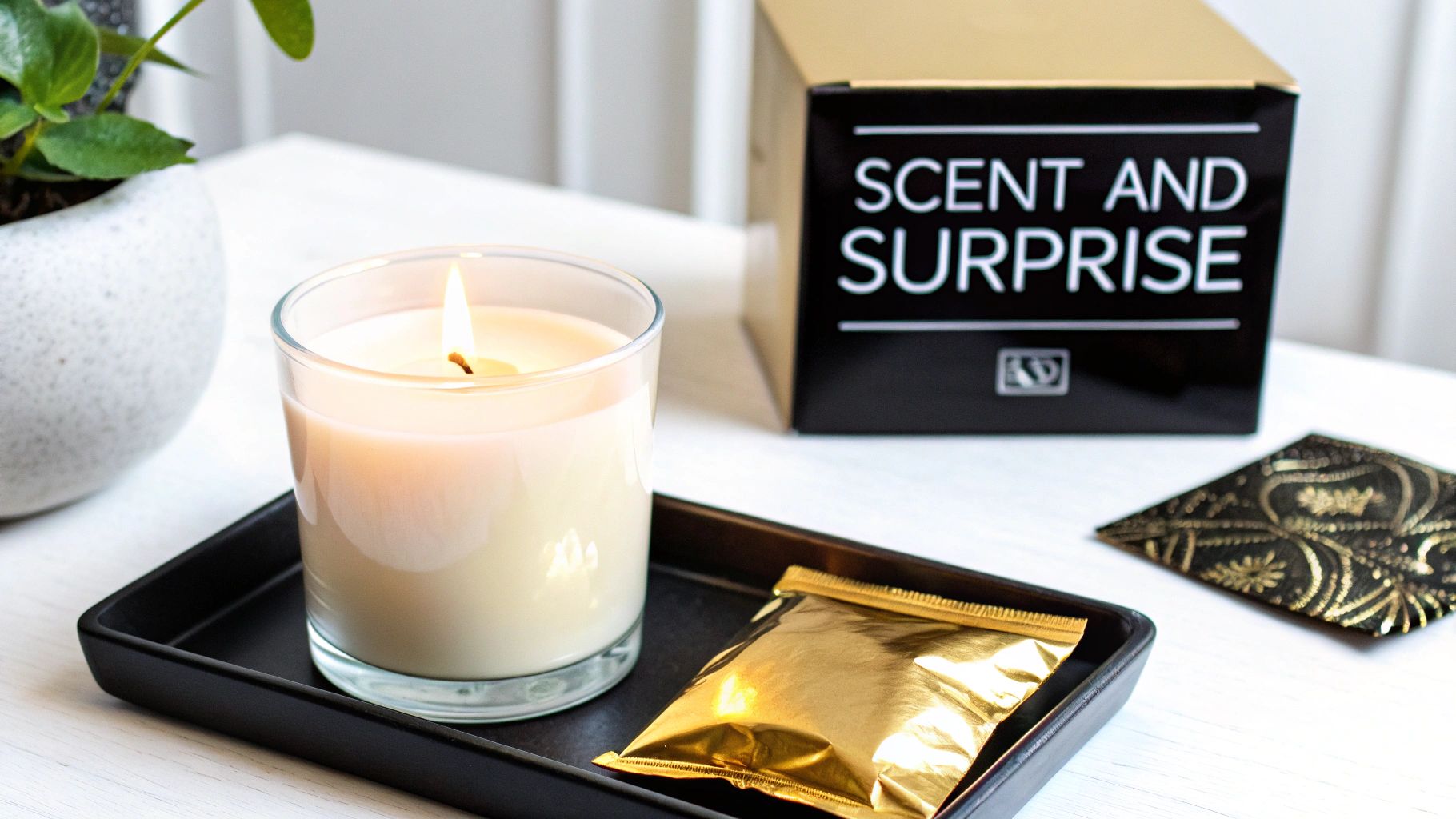 A burning candle in a glass holder, a gold foil packet, and a 'Scent and Surprise' gift box.