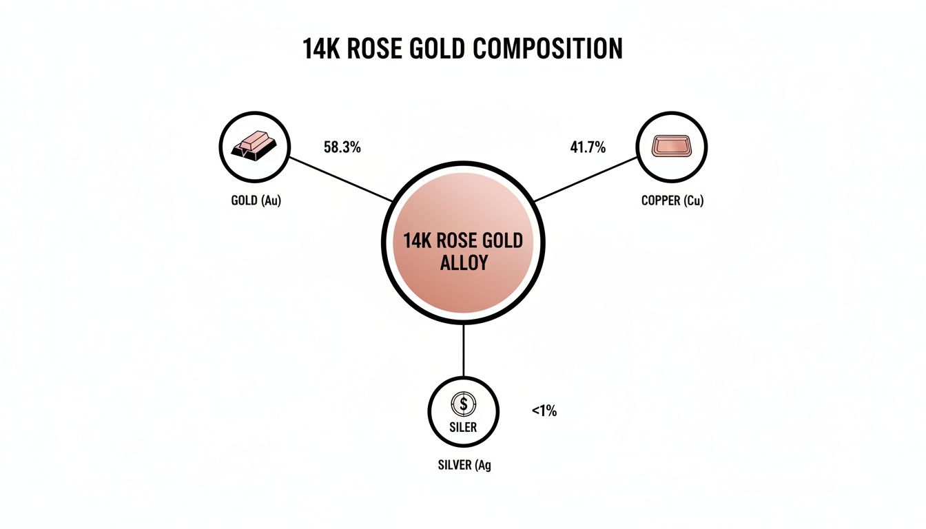 Diagram showing the composition of 14K rose gold alloy, including percentages of gold, copper, and silver.