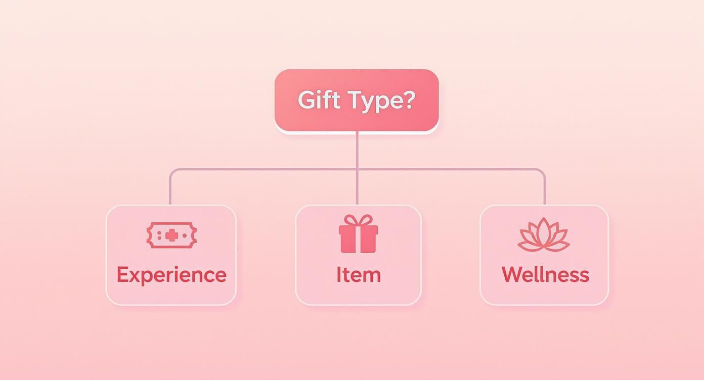 A diagram illustrates 'Gift Type?' with three main categories: Experience, Item, and Wellness.