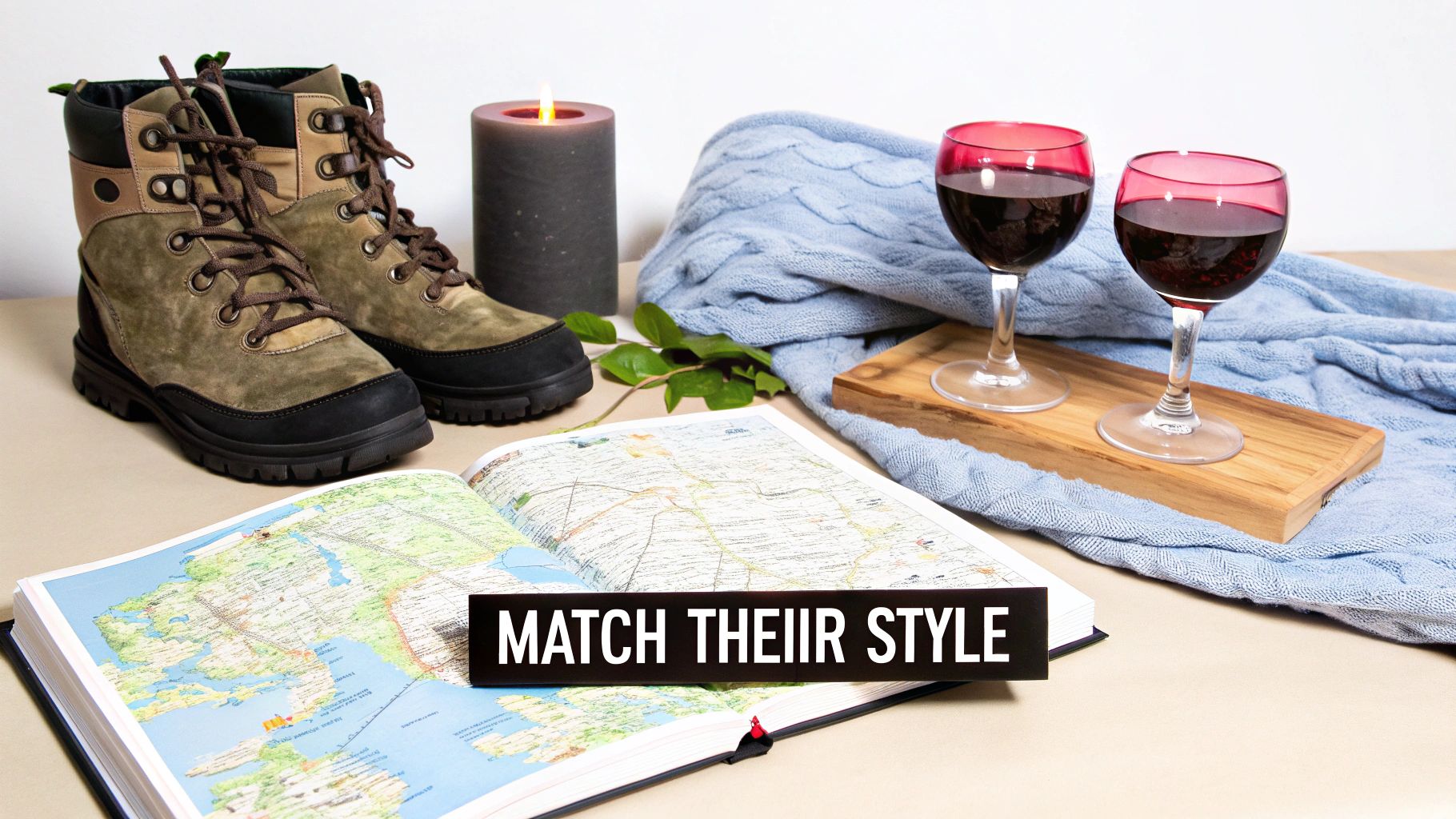 A cozy scene with hiking boots, a lit candle, red wine glasses, a map book, and a blue blanket.