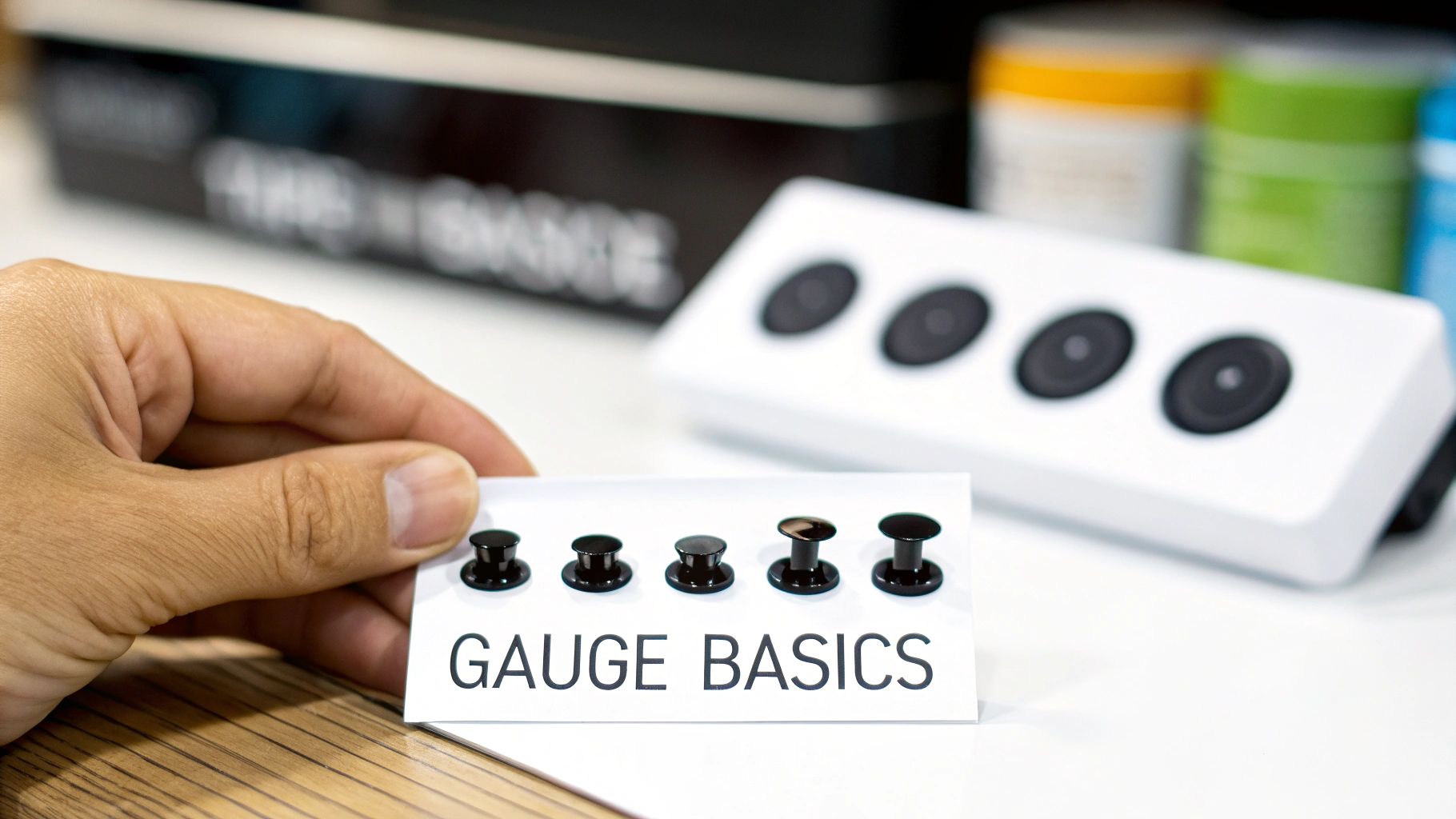 A person's stretched earlobe with a decorative plug, showing a common goal for ear gauging.