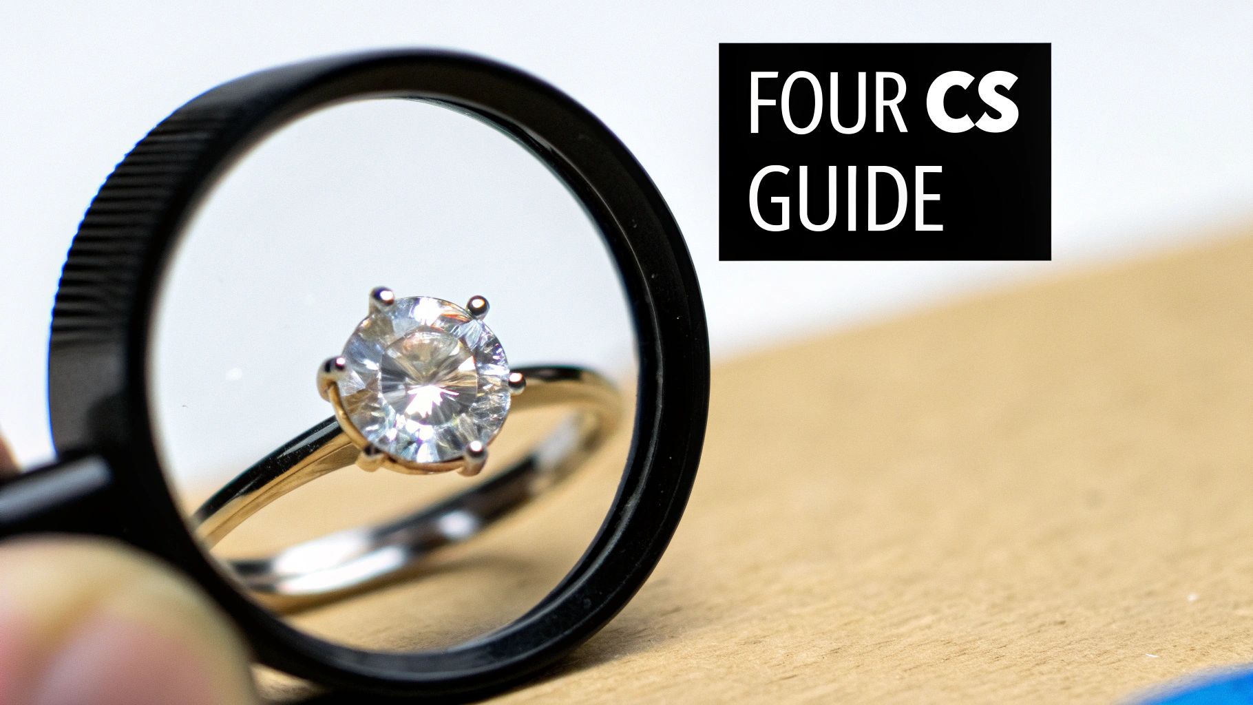 A dazzling diamond engagement ring is closely examined under a magnifying glass, next to a 'Four Cs Guide' text.